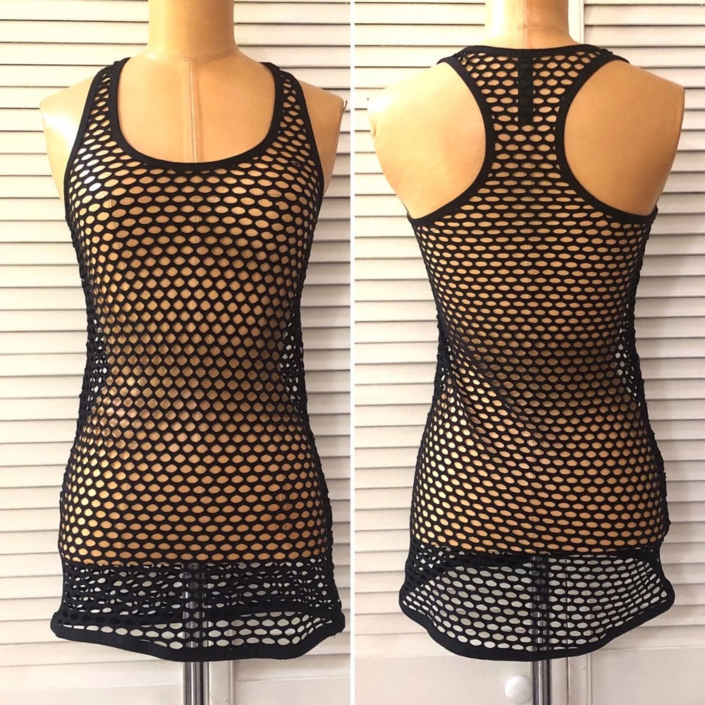 90 Degree Womens Swim Cover XS Black Sleeveless Mesh Racer Back Pool Tank Dress